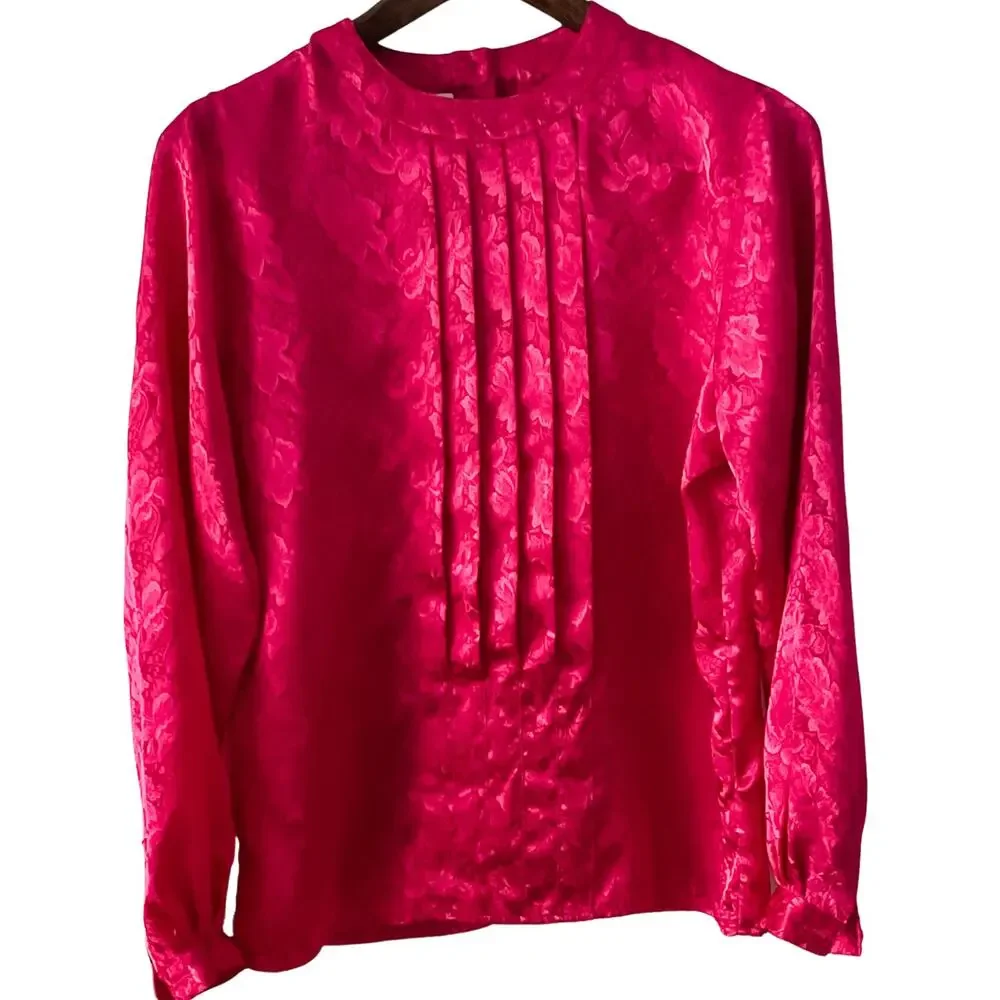 Laura Jean vintage Hot Pink Floral Embossed Back Button Secretary Blouse size 10